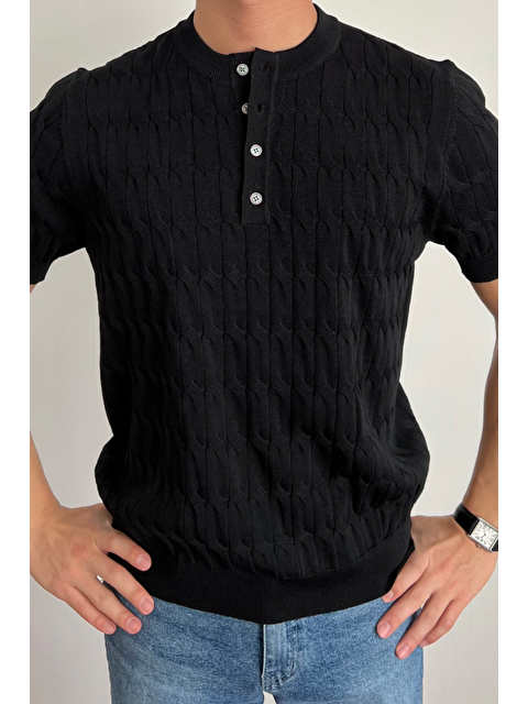 Tarz Cool Erkek Siyah Hakim Yaka Düğmeli Slim Fit Triko T-Shirt - S000397847-19351