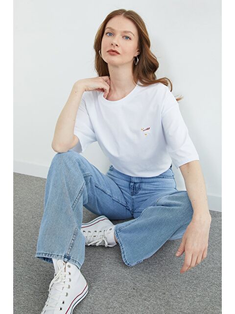 Fullamoda Ördek Nakışlı Bisiklet Yaka Tişört