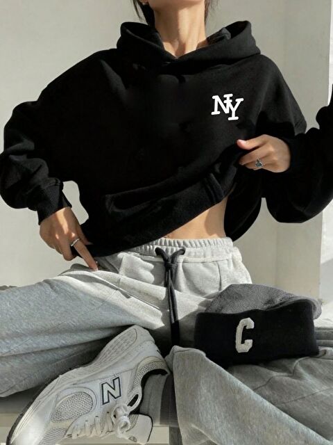 Trendseninle Siyah NY Baskılı Oversize Kapüşonlu Sweatshirt Hoodie - S000474570-19351