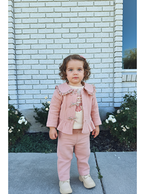 Magu Kız Bebek Pamuklu Pudra Yakalı Müslin 3'Lü Takım - Ceket Tişört Pantolon - S000494624-20024