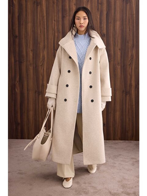 HE-QA Funnel Neck Uzun Kaban Bej - S000471201-19928