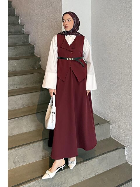 Lamelif Düğmeli Etek-Yelek Tesettür İkili Takım Bordo - S000515399-19951