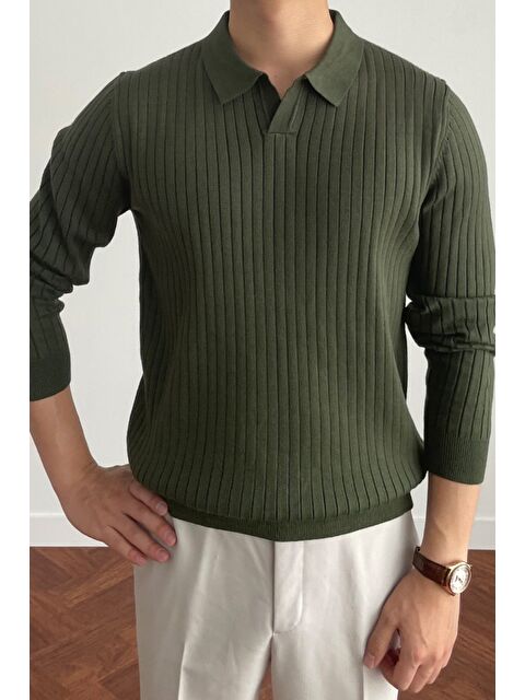 Tarz Cool Erkek Polo Yaka Triko Kazak Slim Fit Fitilli