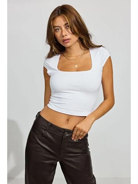 Madmext Ekru Kare Yaka Kadın Tişört Mg2294 - S000341833-19965