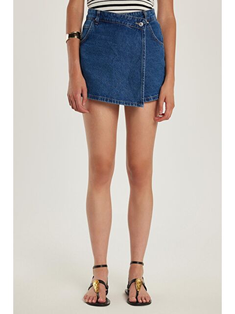 TUDORS Kadın Slim Fit Dar Kesim Çift Cepli Açık Koyu Mavi Şort Etek - S000525966-19393