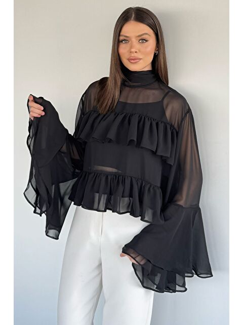 Gülseli Kadın Atlet Kombinli Kat Kat Tül Bluz