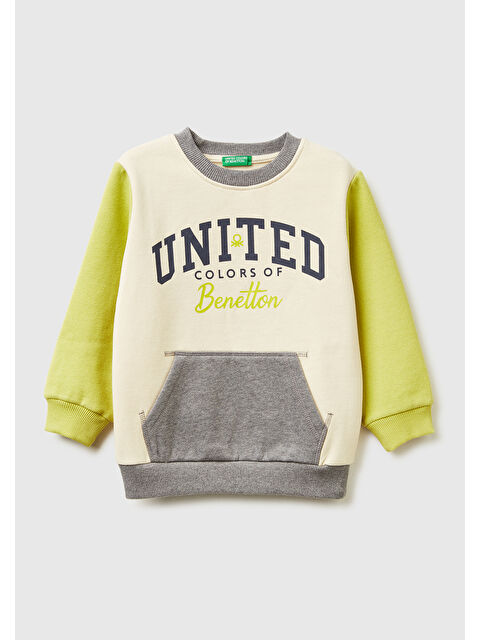 United Colors Of Benetton Erkek Çocuk Hardal-Ekru Önü Logo Baskılı Cepli Bisiklet Yaka Regular Fit Sweatshirt - S000482095-5376