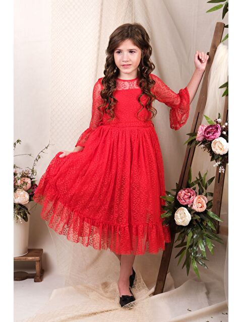 Mnk Baby & Kids Uzun Kol Dantel Makri Kız Çocuk Elbise MNK0600 - S000389139-20045