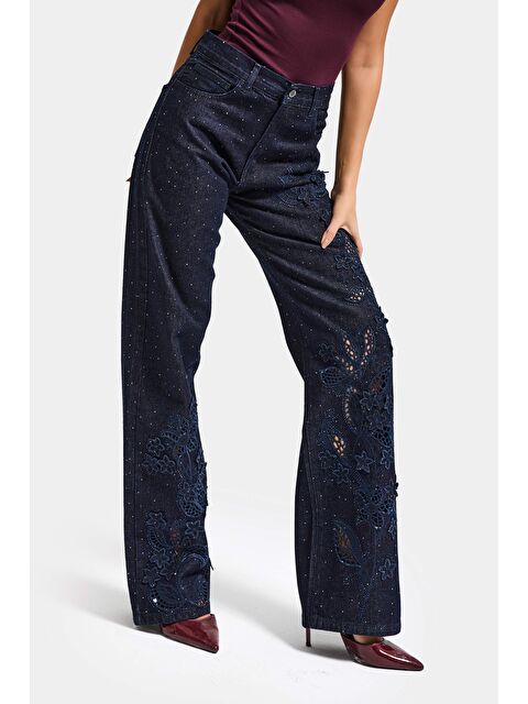 It's Basic Kadın İndigo Selvedge T-7s6-50 Loose Fit Nakış Dantel Desenli Özel Tasarım Denim Jean - S000510432-23093