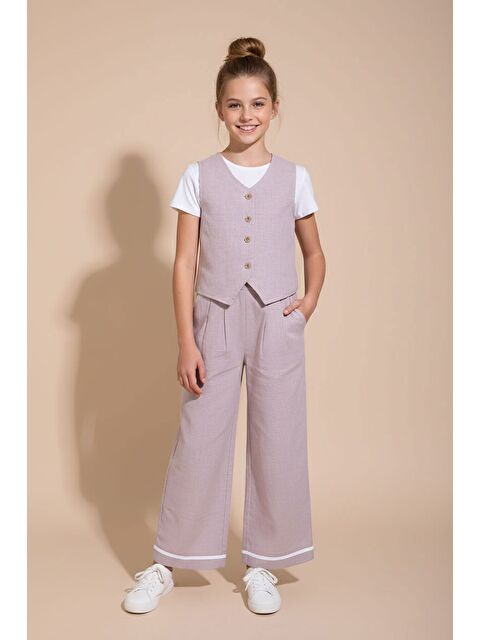 Cansın Mini Gül Kurusu Düğmeli Keten Yelekli Geniş Paça Pantolonlu Kız Çocuk Takım 23491 - S000495578-20028