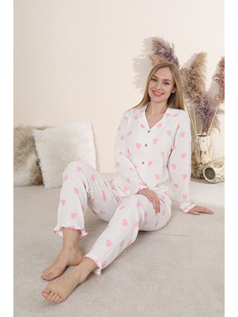 SEBOTEKS Bürümcük Kumaş Önden Düğmeli Desenli Uzun Kollu Kadın Pijama Takımı 6005 - S000498917-20063