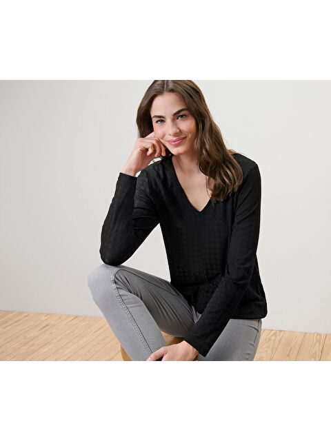 Tchibo Kadın Tişört, Uzun Kollu, Dokulu, Siyah - S000485770-19351