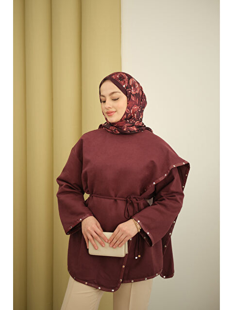 Locco Moda Kadın Dikişleri Deri Detay Ceket Mürdüm - S000494374-20036