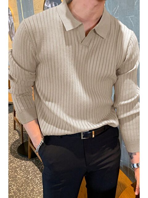 Tarz Cool Erkek Polo Yaka Triko Kazak Slim Fit Fitilli