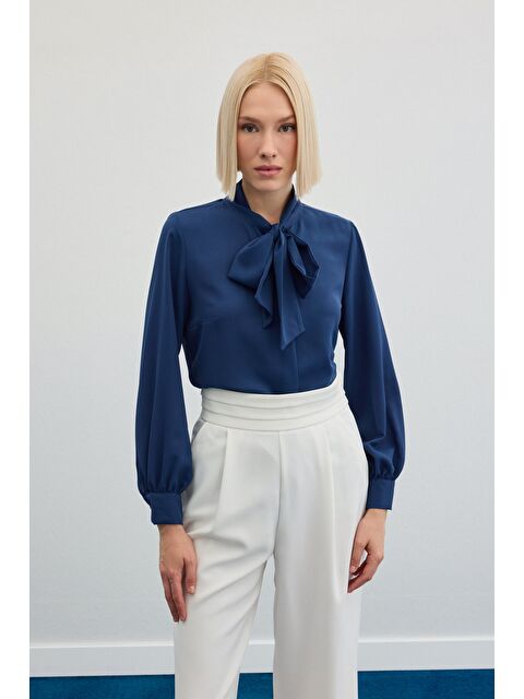 SATEEN Yakası Bağlamalı Düz Gömlek - İndigo - S000323492-23093