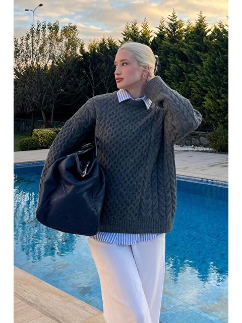 Madmext Antrasit Bisiklet Yaka Oversize Triko Kazak Mg1969 - S000337945-29666