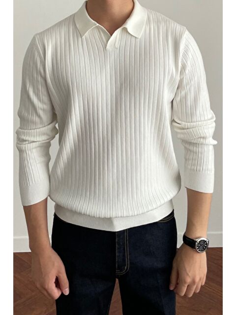 Tarz Cool Erkek Polo Yaka Triko Kazak Slim Fit Fitilli