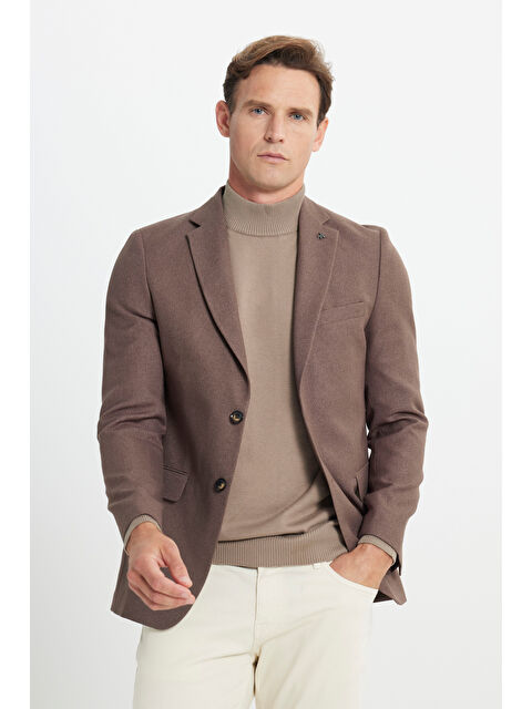 Altınyıldız Classics Erkek Kahverengi Slim Fit Dar Kesim Mono Yaka Diagonal Desenli Kapak Cepli Blazer Ceket - S000402783-19413