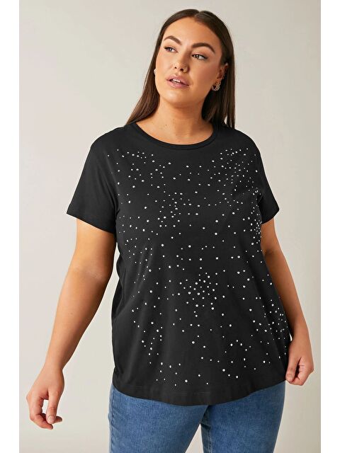 Stil Diva Büyük Beden Bisiklet Yaka Kısa Kollu Taş Yapıştırma Basic T-shirt 615350 - S000434680-19351