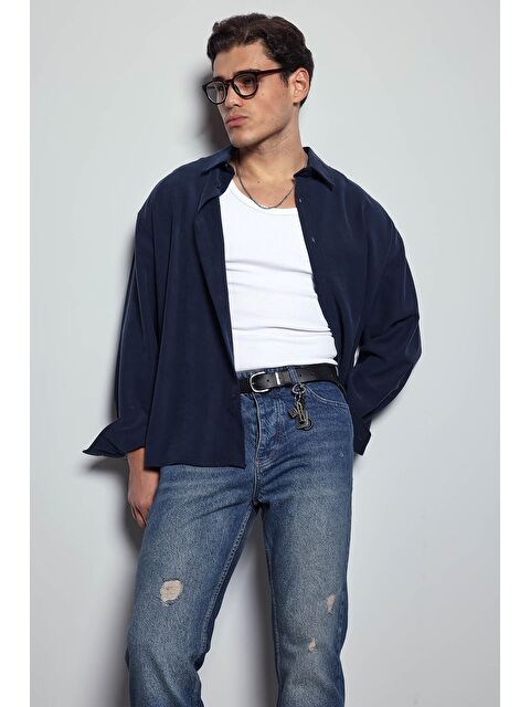 Abluka Online Erkek Oversize Uzun Kollu Basic Gömlek Lacivert - S000447503-21164