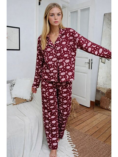 carla10 Bordo Bulut Desenli Düğmeli Kadın Pijama Takımı - S000430750-19951