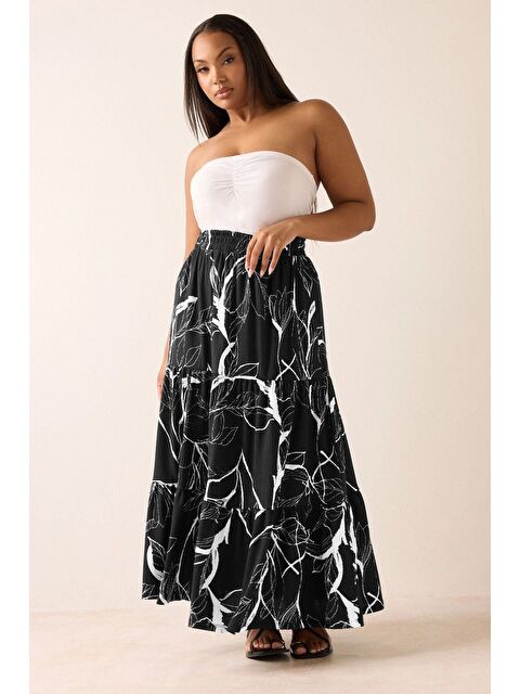 Stil Diva Büyük Beden Bürümcük Kumaş Çiçek Desenli Beli Lastikli Etek 304235 - S000434681-37424