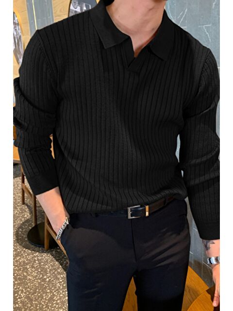 Tarz Cool Erkek Polo Yaka Triko Kazak Slim Fit Fitilli