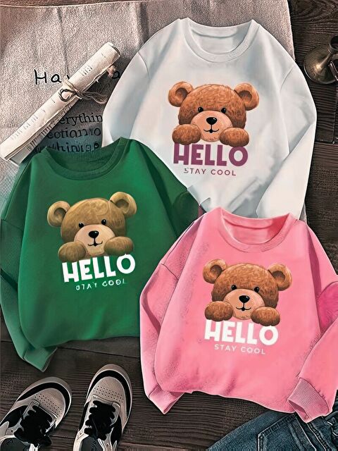 Trendseninle 3lü Set HELLO Baskılı Beyaz Nefti Pembe Bisiklet Yaka Sweatshirt - S000485773-23173