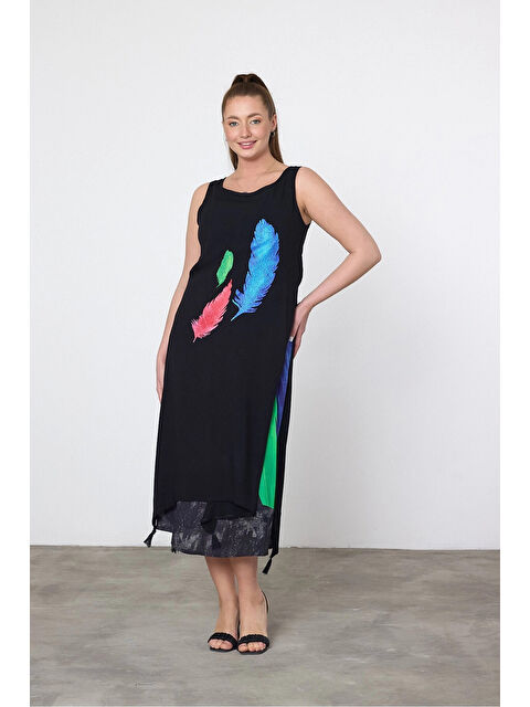 Hazelin Kadın Siyah Mavi Kuş Tüyü Desenli Astarlı Viskon Elbise HZL25S-VM120251 - S000404001-19351