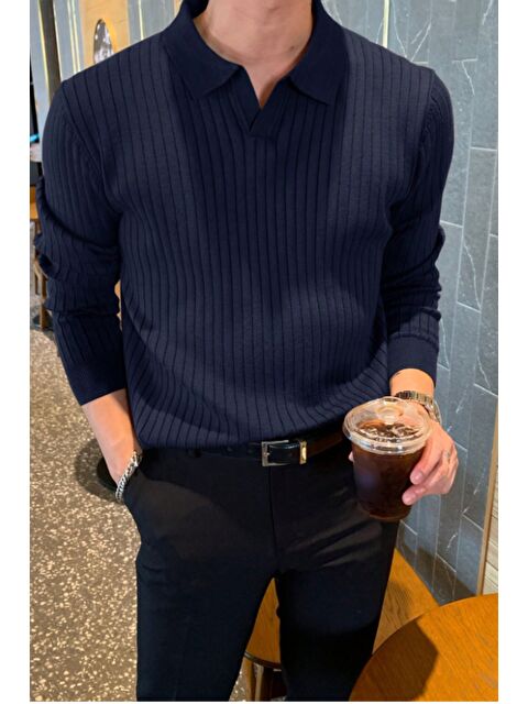 Tarz Cool Erkek Polo Yaka Triko Kazak Slim Fit Fitilli