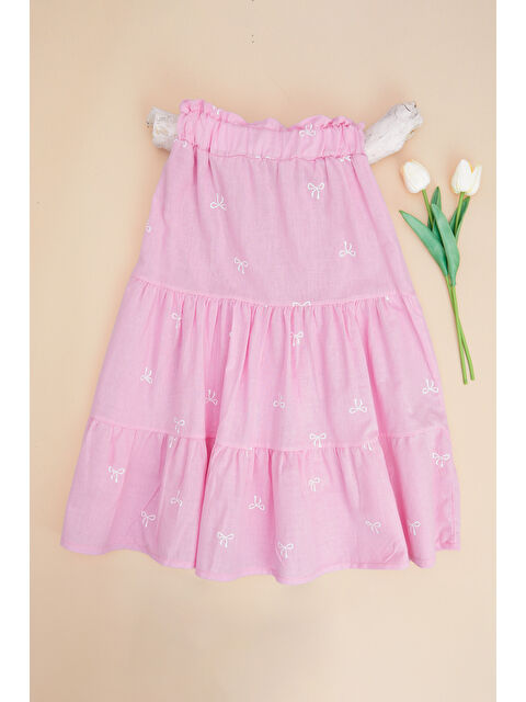 Fullamoda %100 Pamuk Beli Lastikli Fiyonk Nakışlı Kız Çocuk Etek - S000514644-20024