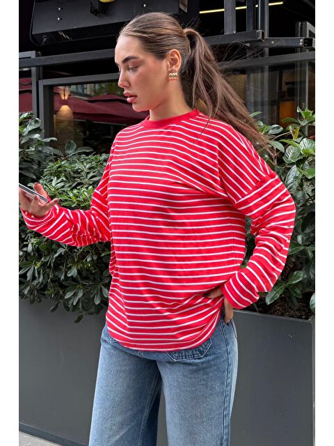 Madmext Kırmızı Çizgili Sweatshirt Mg2572 - S000457625-20045