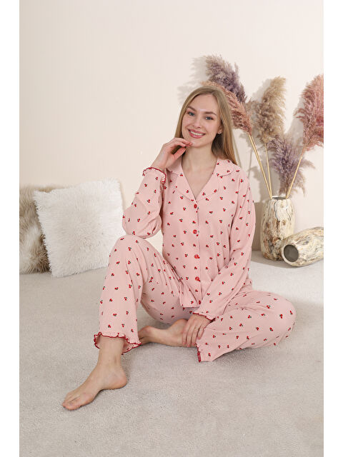SEBOTEKS Bürümcük Kumaş Önden Düğmeli Kiraz Desenli Uzun Kollu Kadın Pijama Takımı 6006 - S000498919-7152