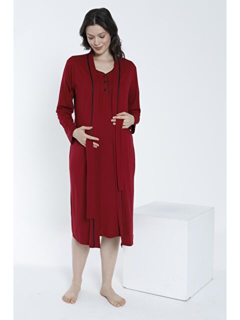 MİSS DÜNYA LİSSA Bordo Sabahlıklı Önden Düğmeli Hamile ve Lohusa Gecelik Takımı - S000362449-19951