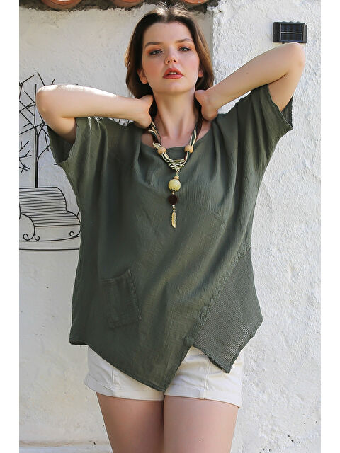 Chiccy Haki Havuz Yaka Cepli File Detaylı Yıkamalı Casual Asimetrik Dokuma Bluz 70 65 - S000367590-18547