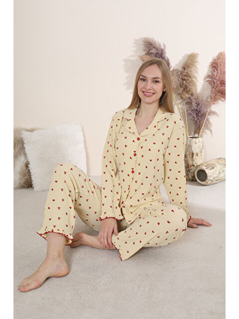 SEBOTEKS Bürümcük Kumaş Önden Düğmeli Kiraz Desenli Uzun Kollu Kadın Pijama Takımı 6006 - S000498919-20072