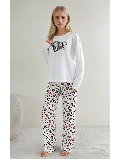 carla10 My Love Baskılı Kadın Pijama Takımı Kalp Desenli Leopar Alt - S000498921-20063