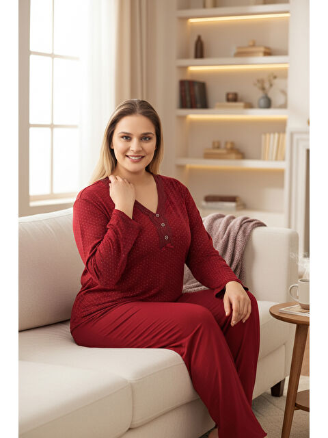 SEBOTEKS İnce Bambu Kumaş Uzun Kollu Büyük Beden Kadın Pijama Takımı 800 - S000510434-19951