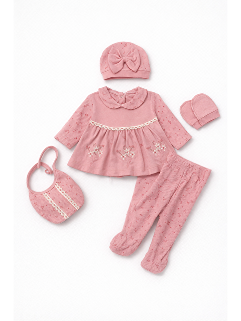 Verona Tarz Kız Bebek Lüx Kutulu Waffle Kumaş Çiçekli Fiyonklu 5li Hastane Çıkış Seti Yenidoğan Pamuklu - S000506319-20028