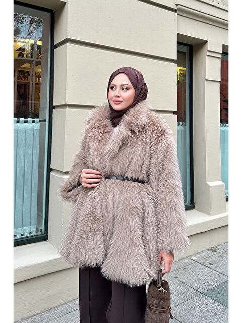 Locco Moda Kadın Sim Detay Kemerli Kaban Taş - S000485775-25636