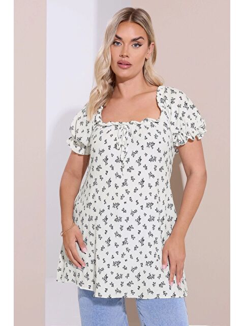 Stil Diva Büyük Beden Çiçek Desenli Bürümcük Kumaş Kare Yaka Kolları Fırfırlı Bluz 322661 - S000434683-20063