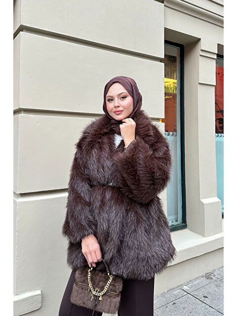 Locco Moda Kadın Sim Detay Kemerli Kaban Acı Kahve - S000485775-28102