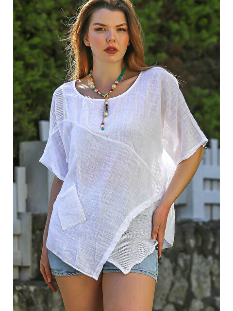 Chiccy Beyaz Havuz Yaka Cepli File Detaylı Yıkamalı Casual Asimetrik Dokuma Bluz 70 65 - S000367590-20063