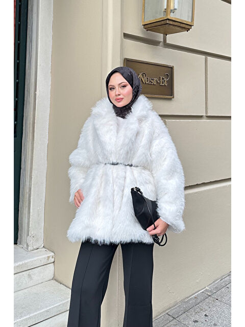 Locco Moda Kadın Sim Detay Kemerli Kaban Ekru - S000485775-19965