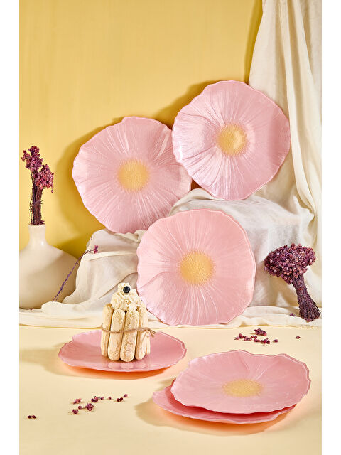 Lora Bianca Alba 28 cm 6'lı Pembe Çiçek Desen Servis Sunum Tabağı Seti - S000498017-20024