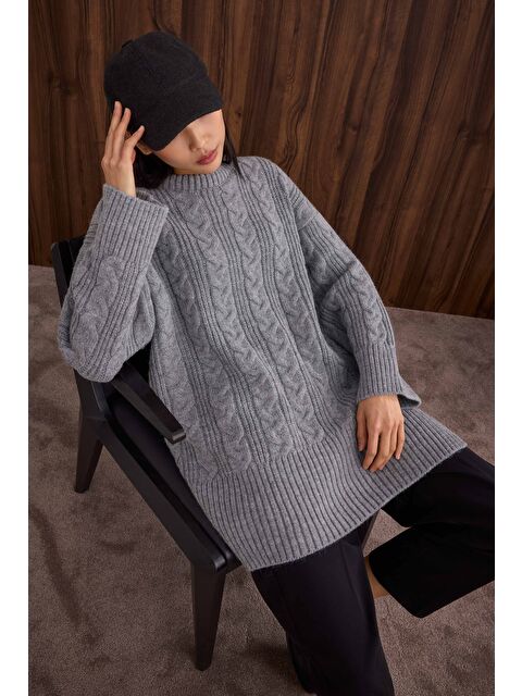 HE-QA Örgülü Uzun Kazak Gri - S000471207-20600