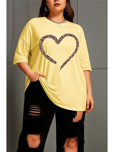 Oksit Love Kadın Büyük Beden Battal Baskılı Bisiklet Yaka Pamuklu T-Shirt Rahat Kesim Unisex Sevgili Kombi - S000508589-20072