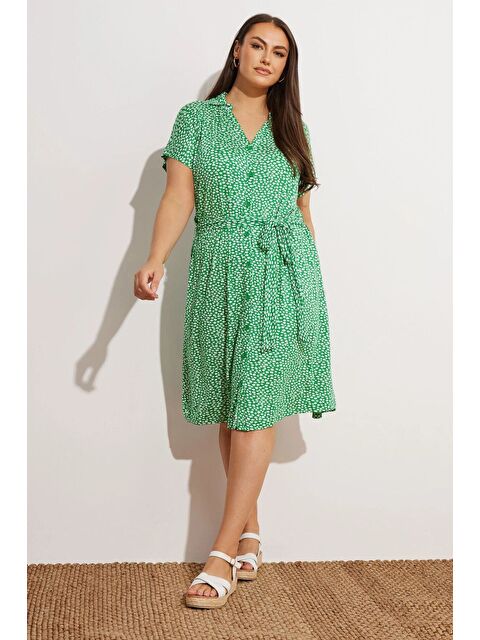 Stil Diva Büyük Beden Çiçek Desenli Midi Boy Beli Kuşaklı Düğmeli Elbise 303329 - S000434684-18194