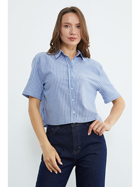 Fullamoda Çizgili Oversize Crop Gömlek - S000530033-21164