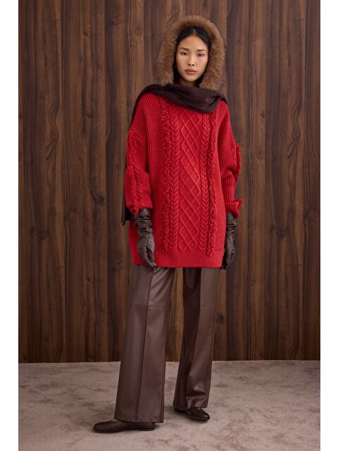 HE-QA Püskül Detaylı Örme Kazak Kırmızı - S000471205-20045